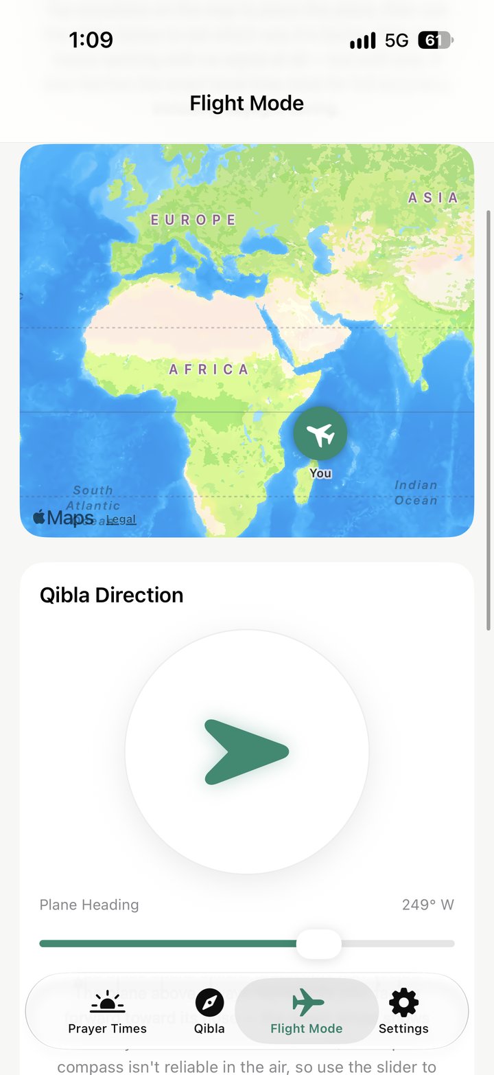 Athar's Flight Mode screen, showing an offline map and live Qibla direction